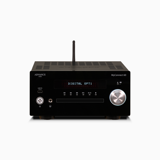 The Advance Paris MyConnect 60 is an audiophile "All in one" which integrates a 2x60W amplifier under 6 ohm, a wifi and ethernet network player, an FM tuner, a DAB+ tuner, a CD player, a USB player and a Bluetooth receiver.. Front Image