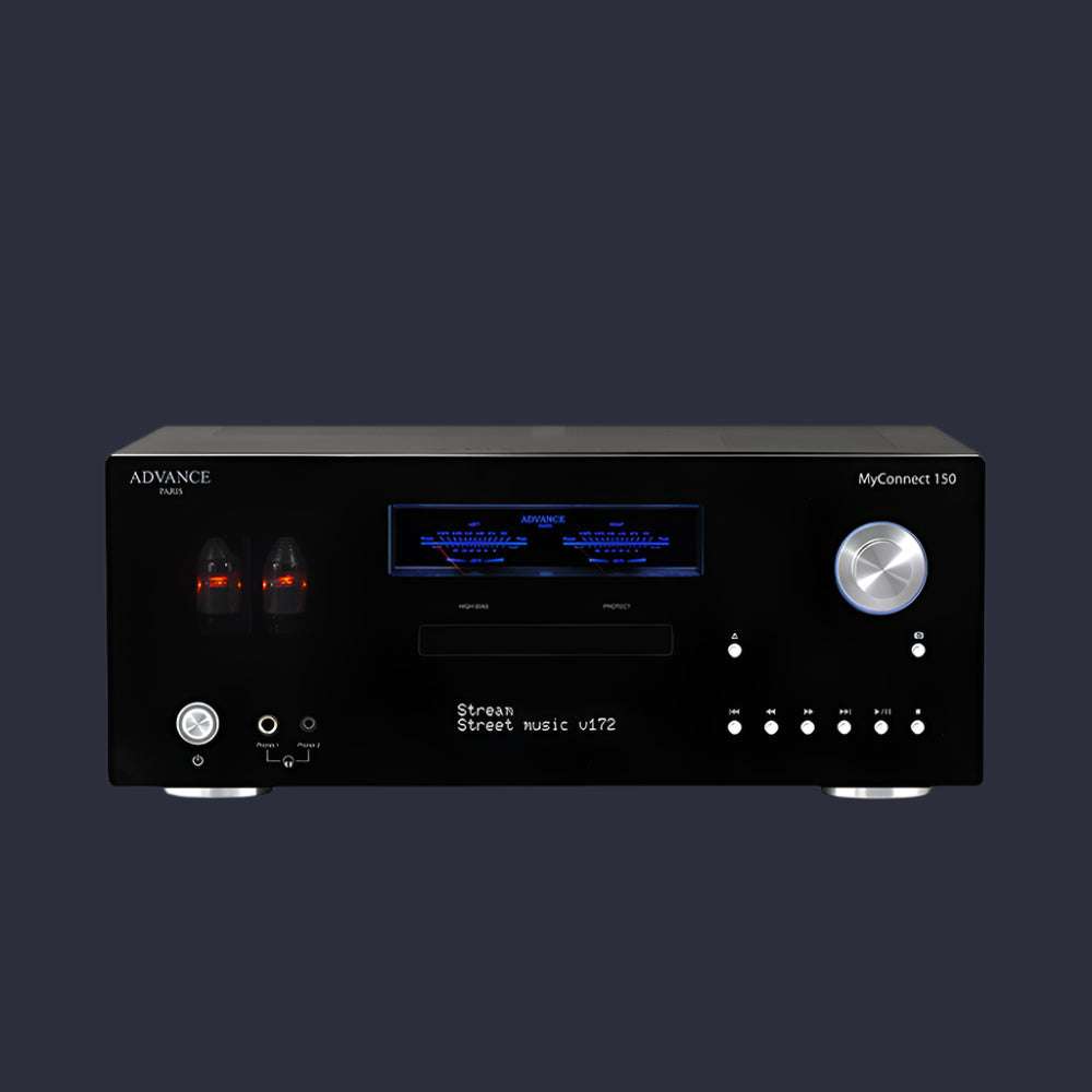 The Advance Paris MyConnect 150 is an audiophile “All-in-One” with a toroidal transformer for the power supply and many features such as streaming, CD, FM / DAB radio. Front Image