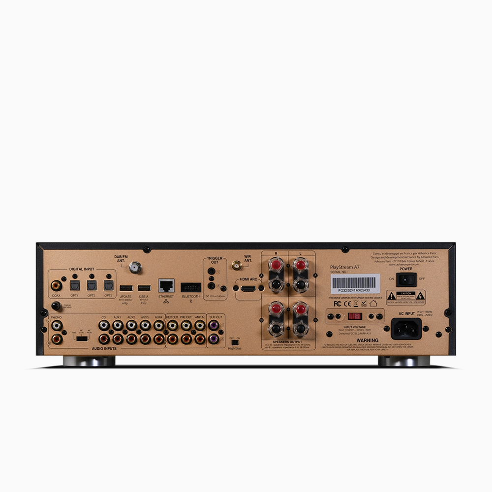 The Advance Paris PlayStream A7 is a connected integrated amplifier. With a power of 2x115W/8Ω in class AB, the A7 has been designed with the ultimate goal of satisfying the demanding audiophile. Its sound reproduction is uncompromising, compatible with all new high definition sources. Back pane;Image