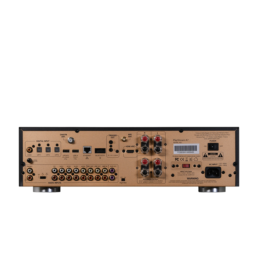 The Advance Paris PlayStream A7 is a connected integrated amplifier. With a power of 2x115W/8Ω in class AB, the A7 has been designed with the ultimate goal of satisfying the demanding audiophile. Its sound reproduction is uncompromising, compatible with all new high definition sources. Back pane;Image