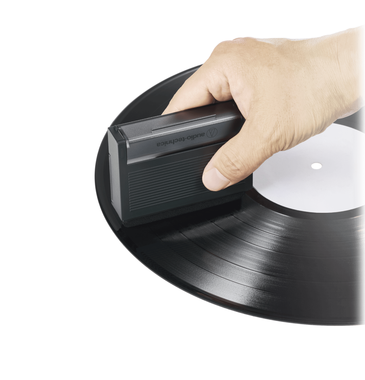 Audio Technica AT6028 Anti-Static Record Cleaning Tool, velvet brush shown on record