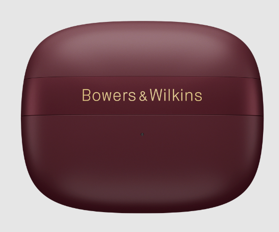 B&W Pi8 Wireless Earbuds in Dark Burgundy, carry case
