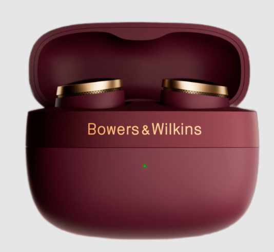 B&W Pi8 Wireless Earbuds in Dark Burgundy in their case