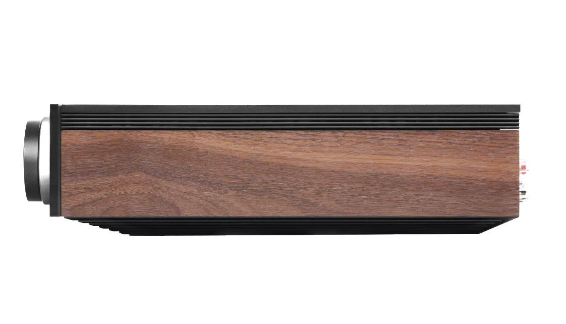 Cambridge Audio EVO 150 SE Streaming Amplifier, profile with woodgrain side panel