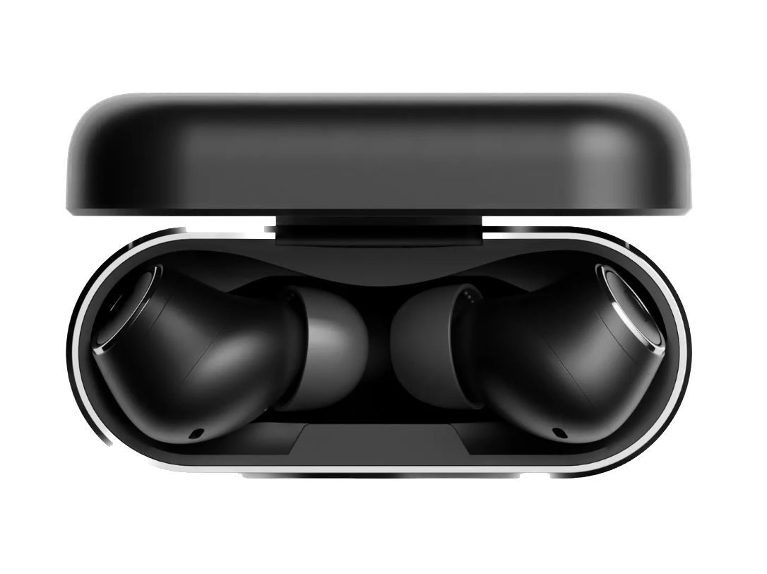 Cambridge Audio Melomania A100 True Wireless Headphones with ANC in Black, in their case
