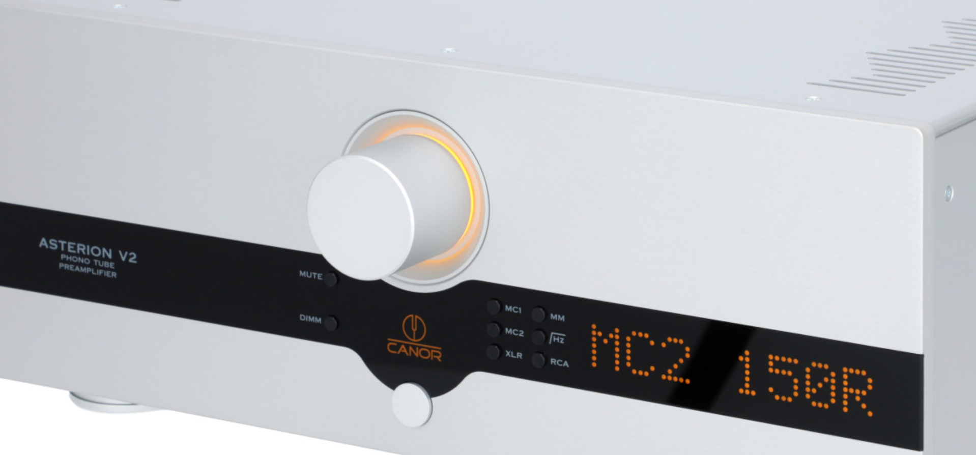 Canor Asterion V2 Tube Phono Preamplifier in white. Angled image