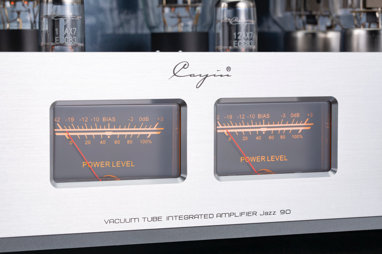 Cayin Jazz 90 Tube Integrated Amplifier in Silver, closeup of Power Levels