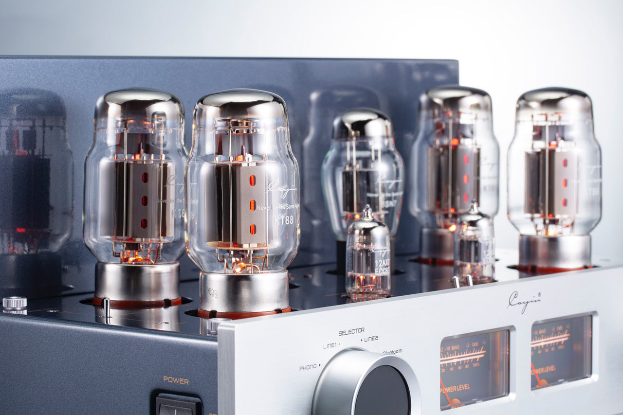 Cayin Jazz 90 Tube Integrated Amplifier in Silver, angled image of tubes