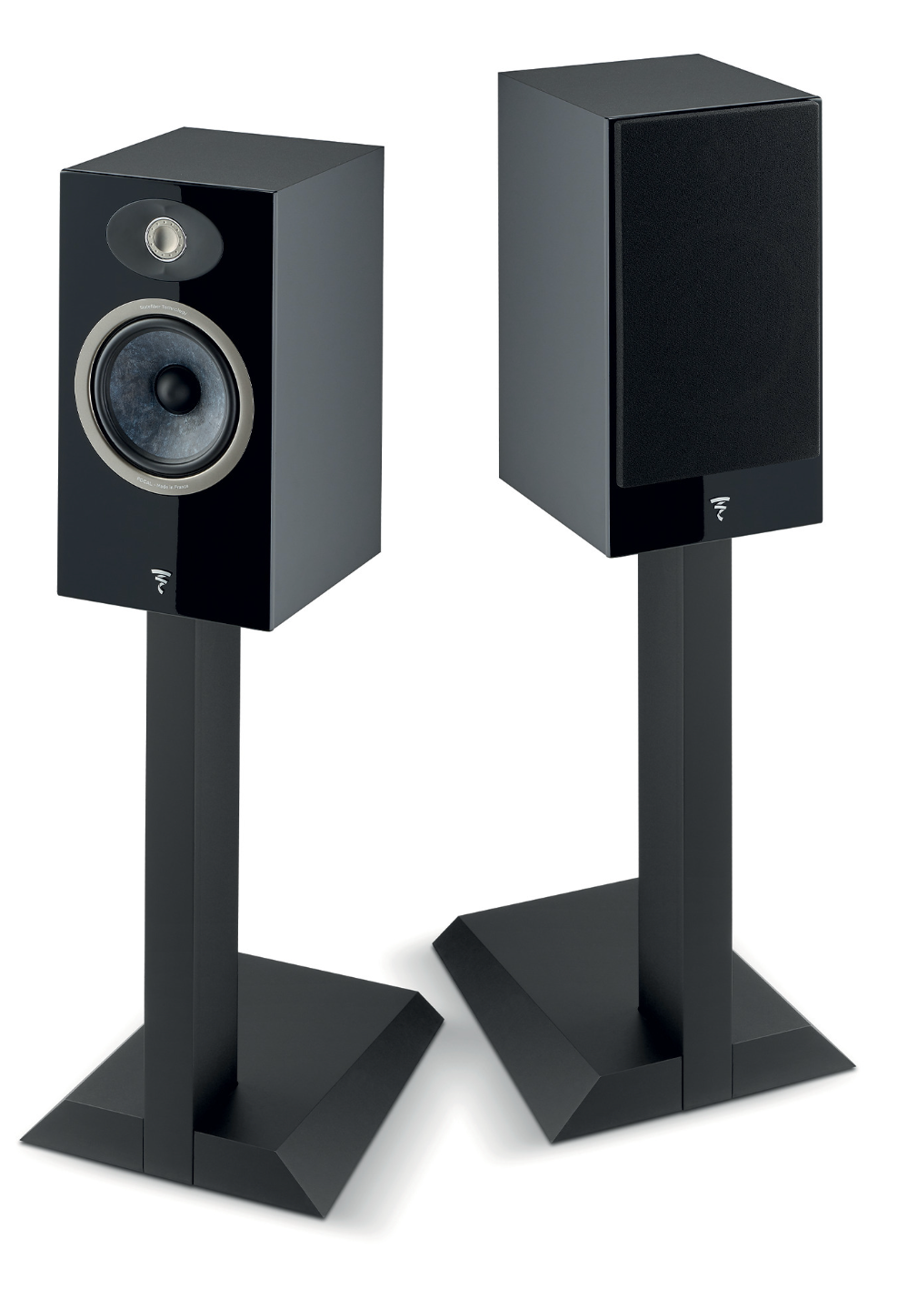 Focal Theva N°1 2-way Bookshelf Speakers in Black. Pair shown on stands, sold separately, one with, the other without grille