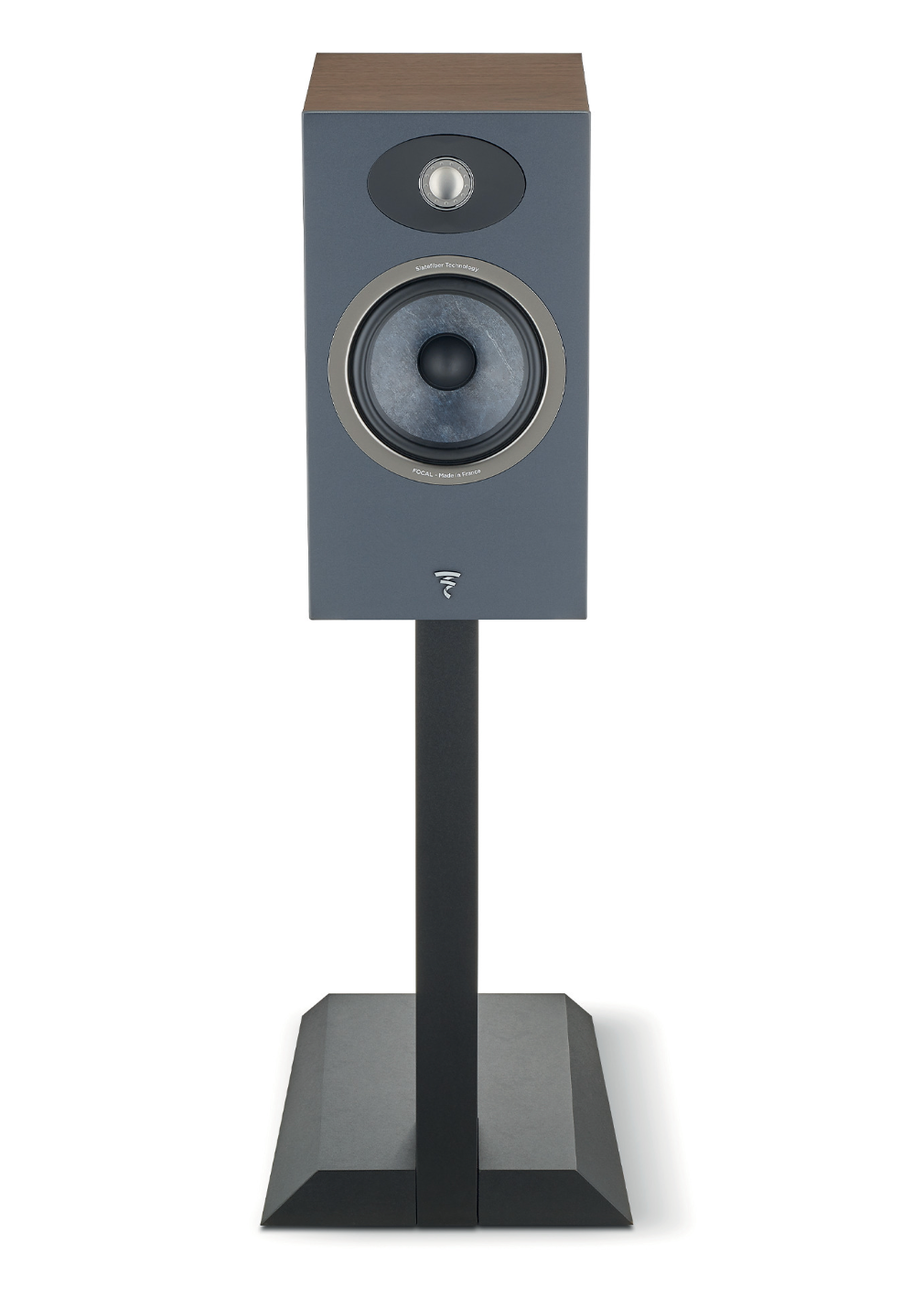 Focal Theva N°1 2-way Bookshelf Speakers in Darkwood. Individual speaker shown on stand - sold separately, without grille