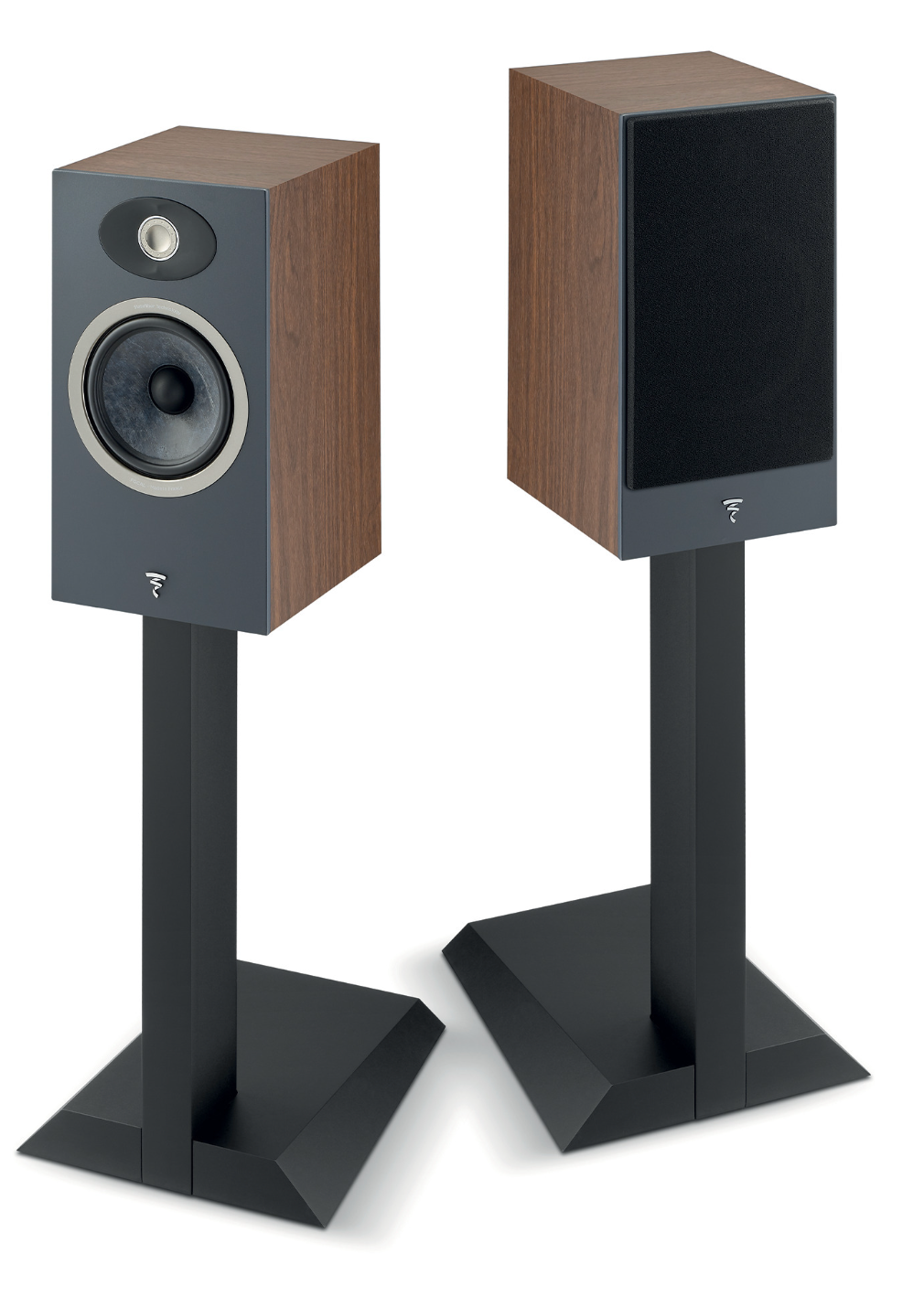 Focal Theva N°1 2-way Bookshelf Speakers in Darkwood. Pair shown on stands, sold separately, one with, the other without grille