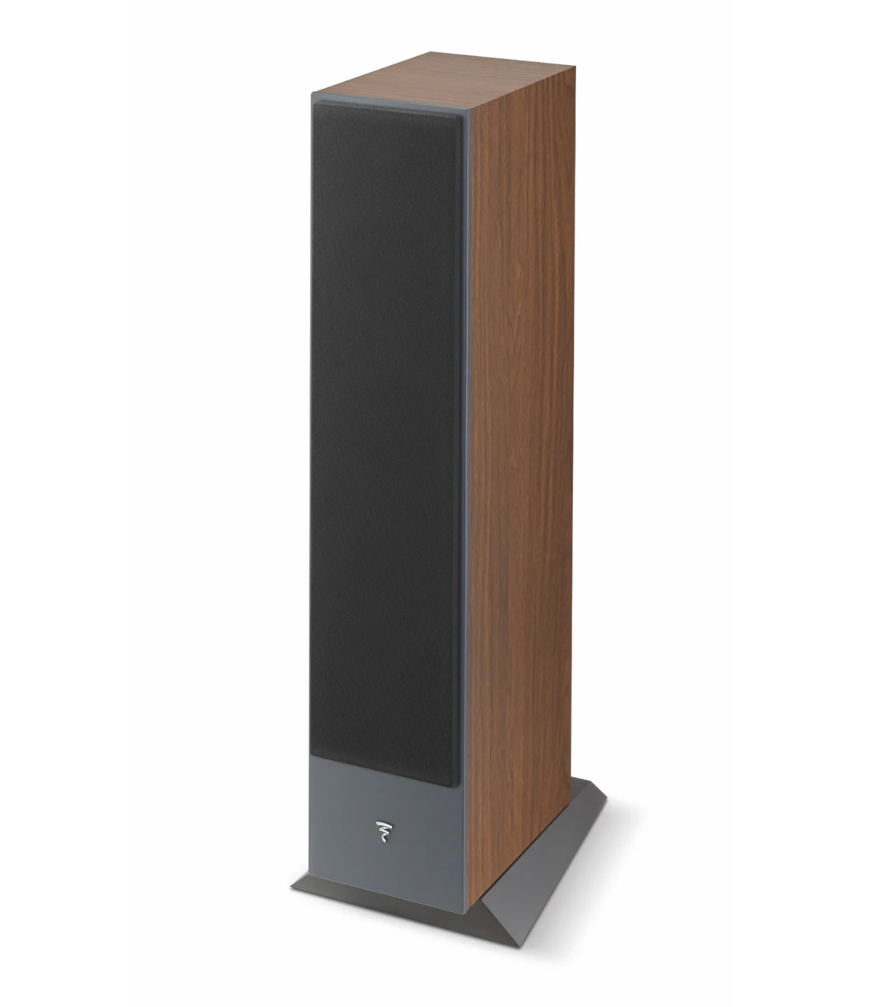 Focal Theva No.2 3-Way Floorstanding Speakers, in dark wood. Image of individual speaker with grille
