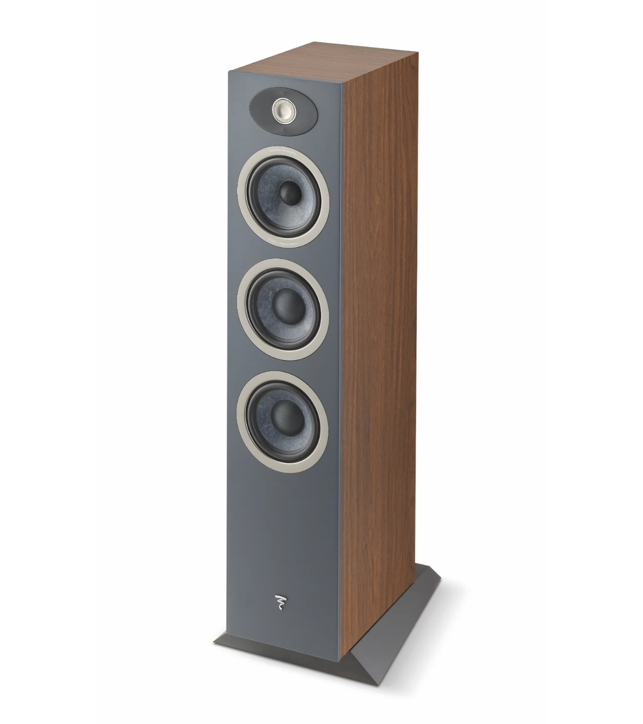 Focal Theva No.2 3-Way Floorstanding Speakers, in dark wood. Image of individual speaker without grille