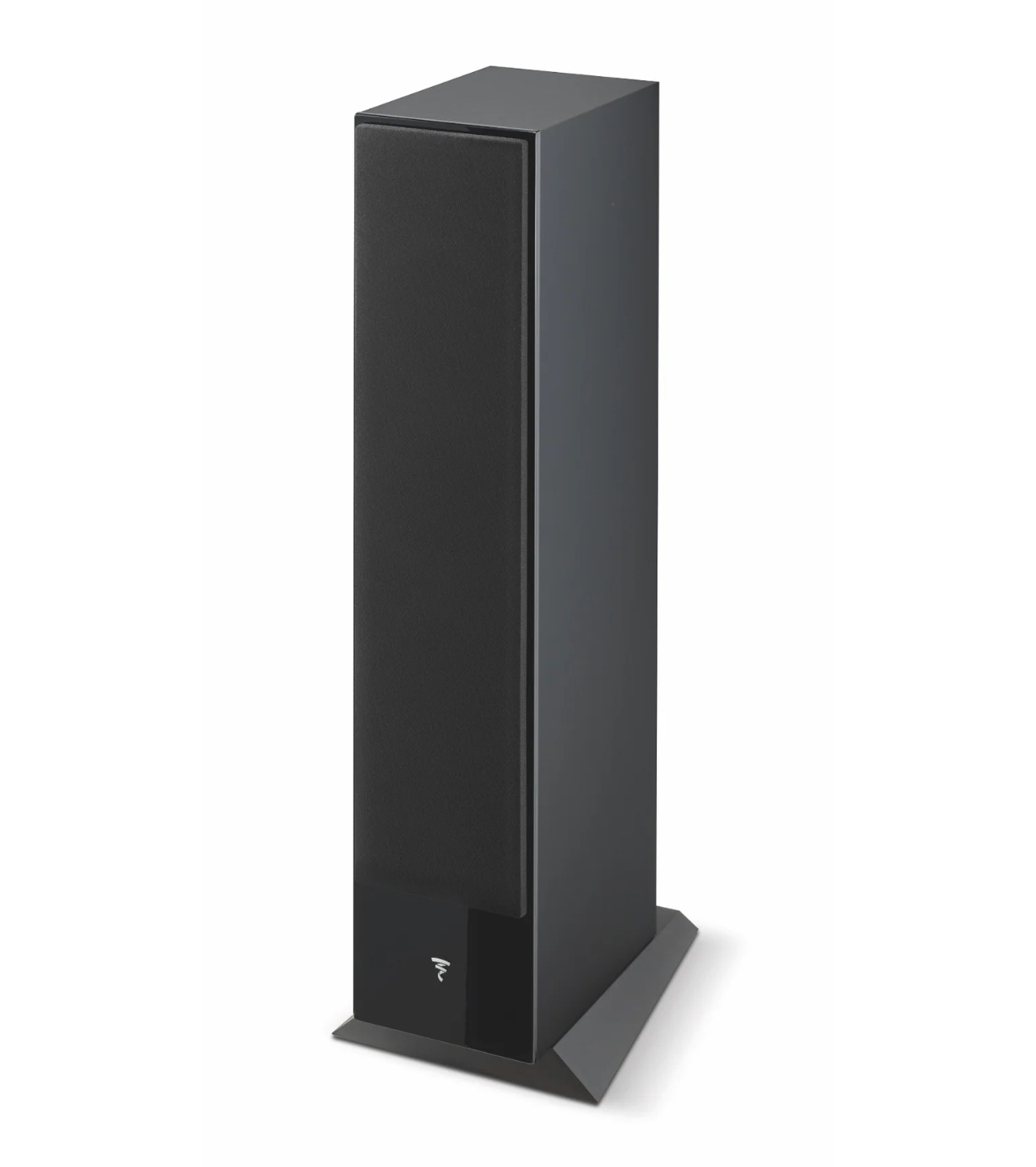 Focal Theva No.2 3-Way Floorstanding Speakers, in high gloss black. Image of individual speaker with grille