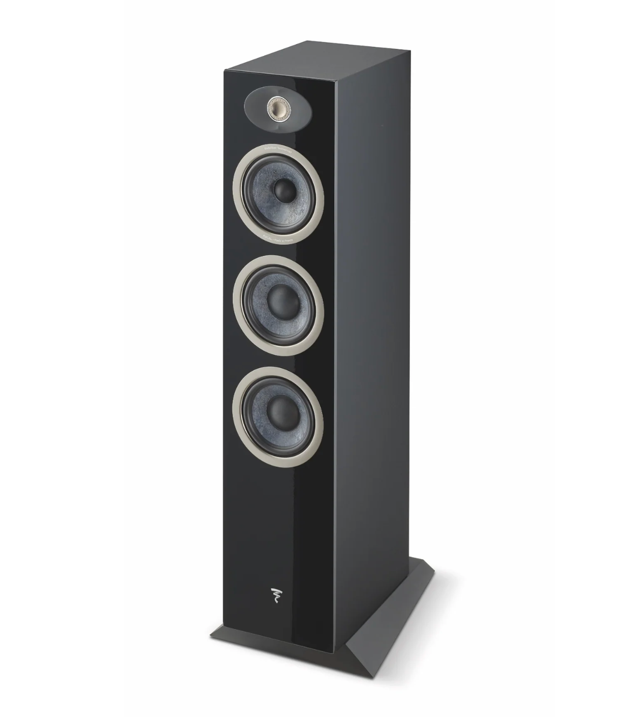 Focal Theva No.2 3-Way Floorstanding Speakers, in high gloss black. Image of individual speaker without grille
