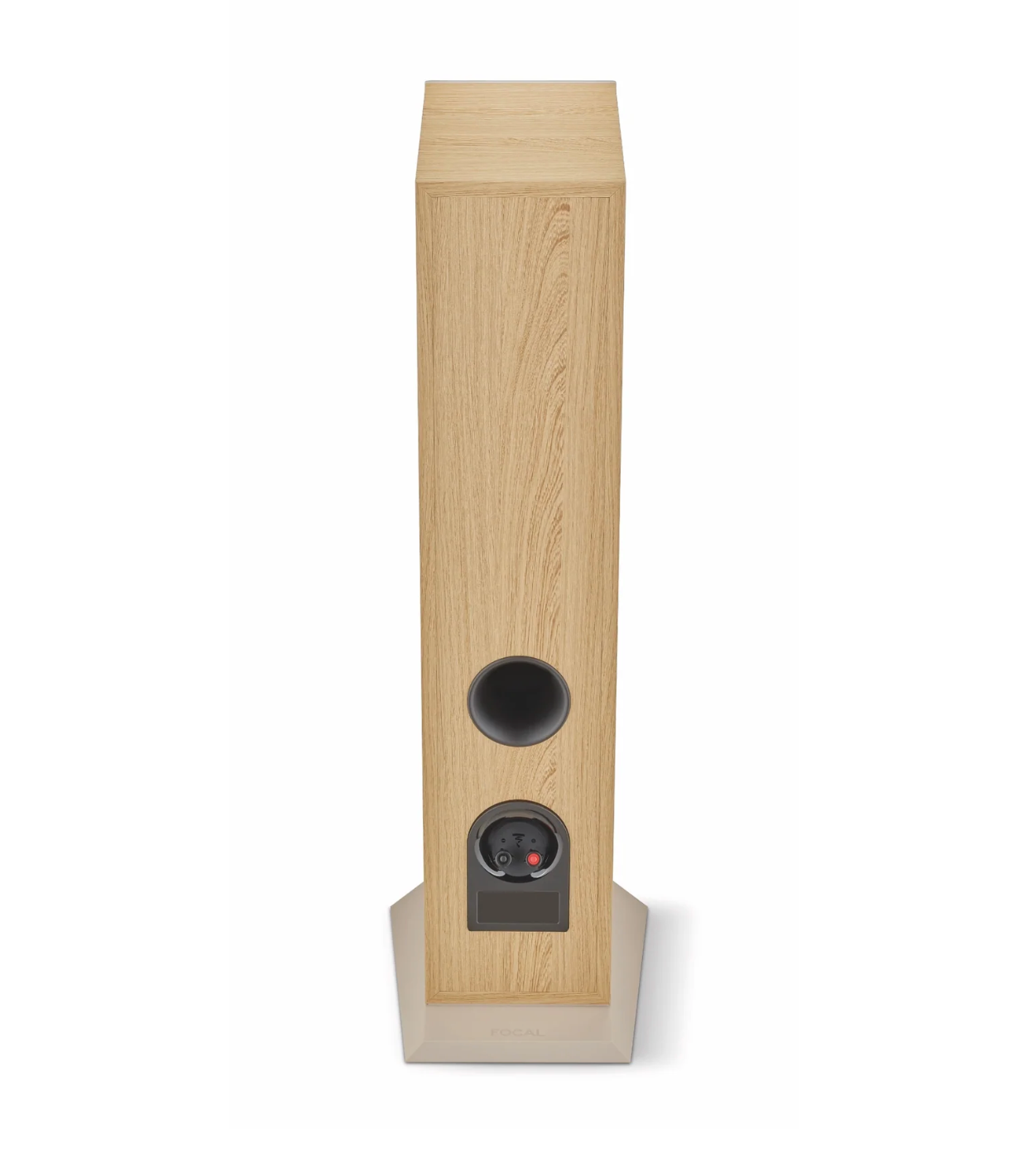 Focal Theva No.2 3-Way Floorstanding Speakers, in light wood. Image of individual speaker back of unit