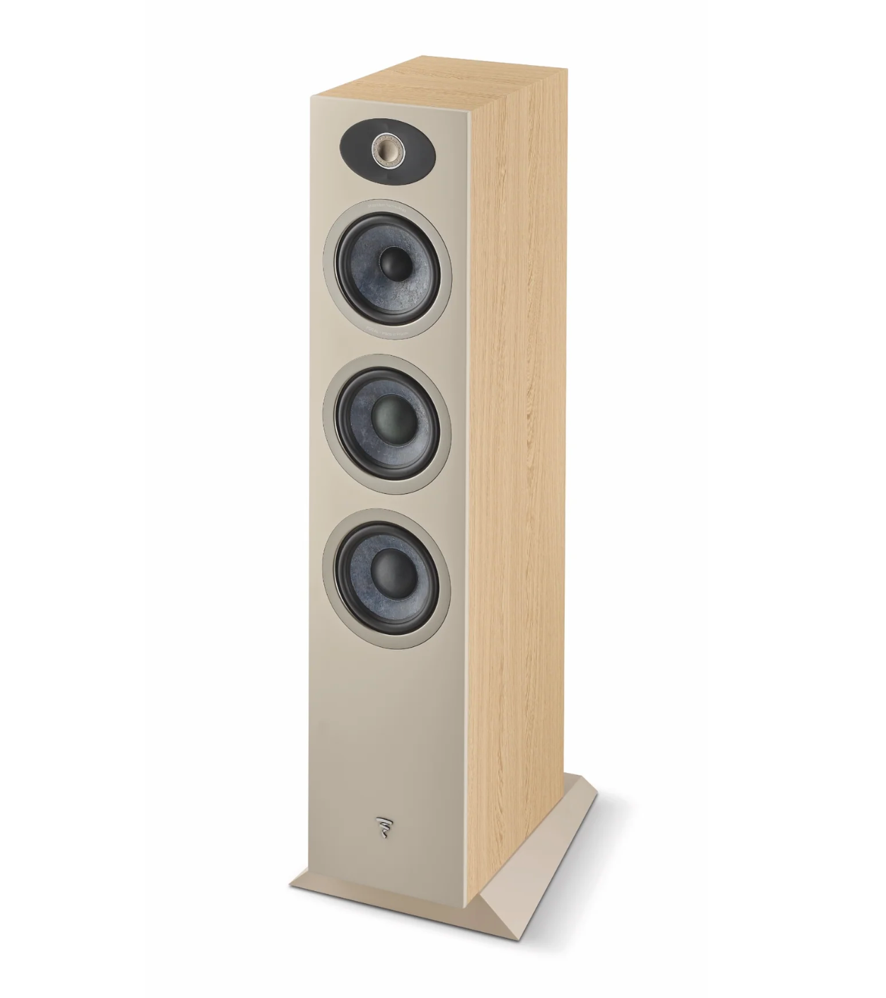 Focal Theva No.2 3-Way Floorstanding Speakers, in light wood. Image of individual speaker without grille