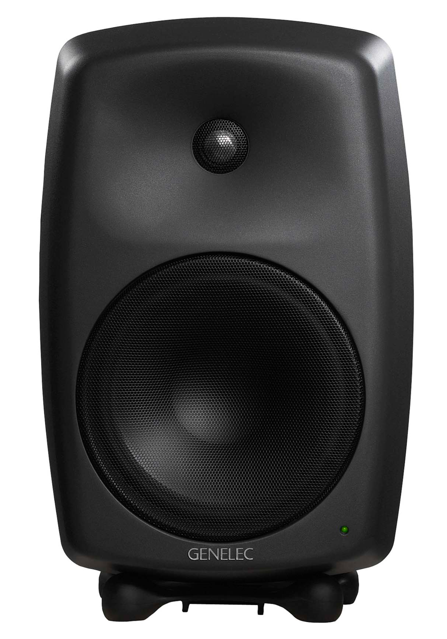 Genelec 8050B Studio Monitors in dark gray. Front Image