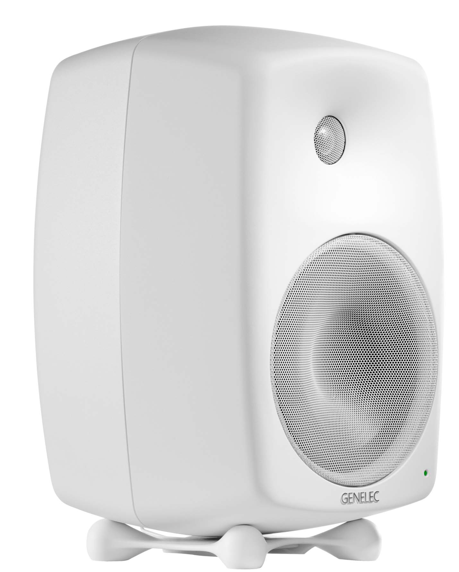 Genelec 8050B Studio Monitors in white. Angle Image