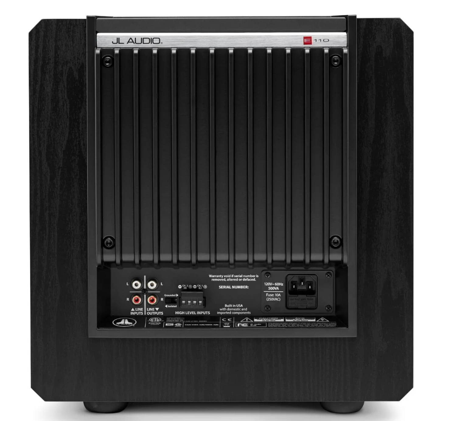 JL Audio E-Sub e110 10-inch Subwoofer in Black Ash, back of unit