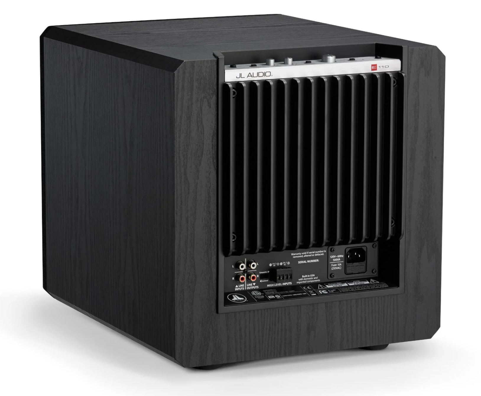 JL Audio E-Sub e110 10-inch Subwoofer in Black Ash, back on an angle