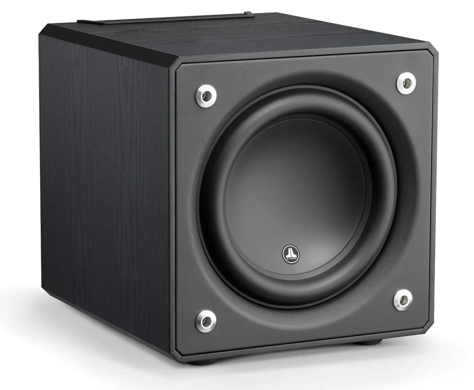JL Audio E-Sub e110 10-inch Subwoofer in Black Ash, front no grille and on an angle