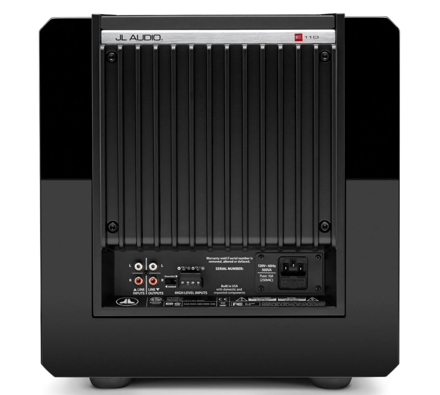JL Audio E-Sub e110 10-inch Subwoofer in Black Gloss, back of unit