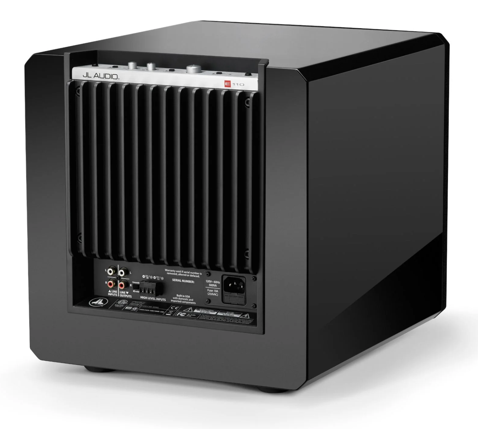 JL Audio E-Sub e110 10-inch Subwoofer in Black Gloss, back on an angle