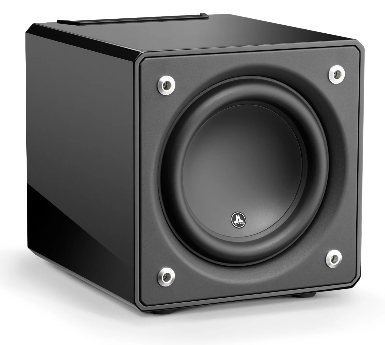 JL Audio E-Sub e110 10-inch Subwoofer in Black Gloss, front, angled no grille