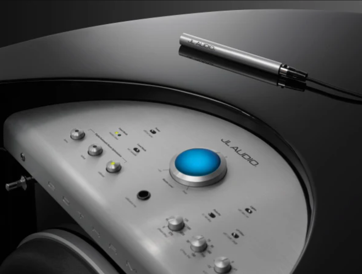 JL Audio Gotham Dual g213v2 Subwoofer, controls up close, with calibrated microphone