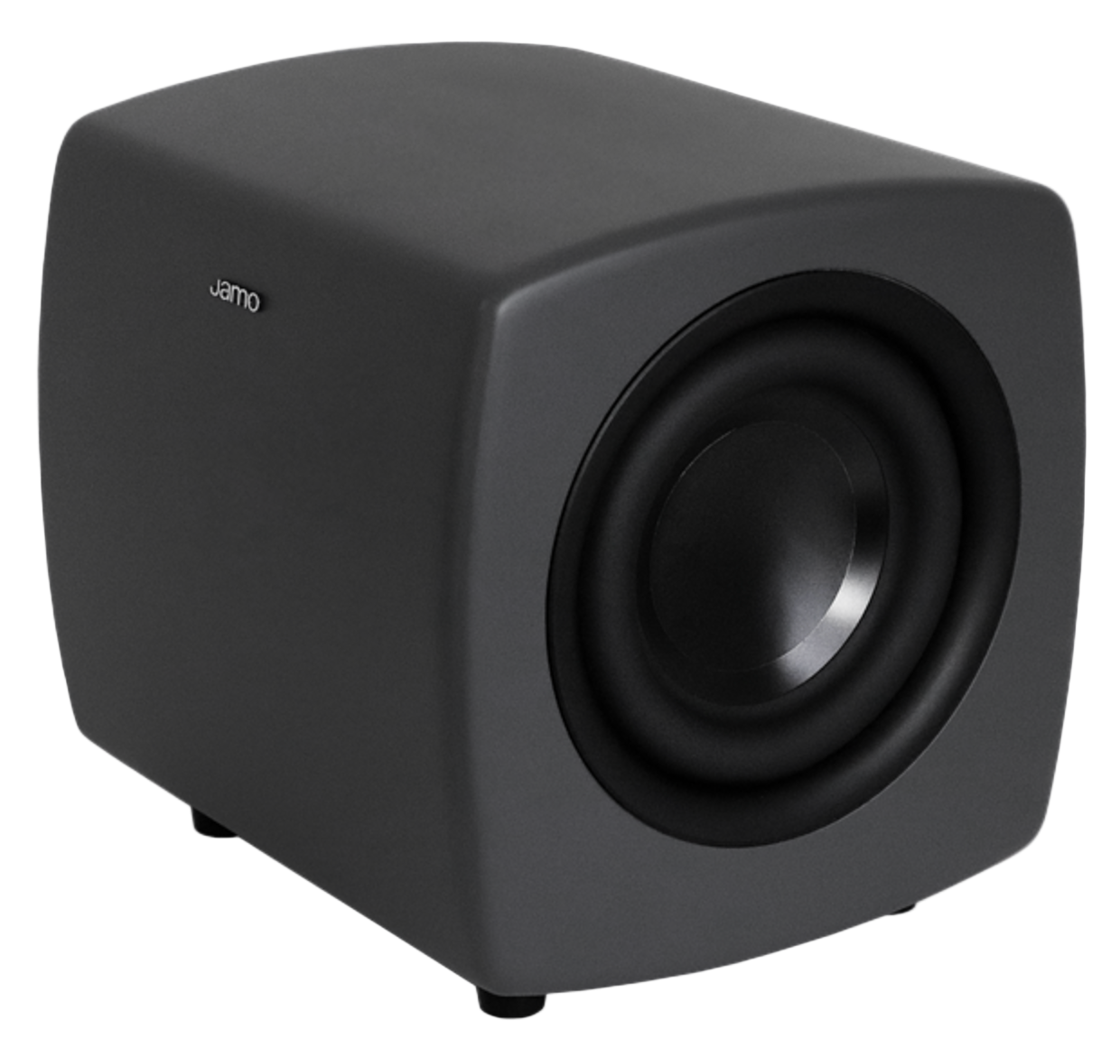 Jamo Cube Compact Powered Subwoofer, Grey angled