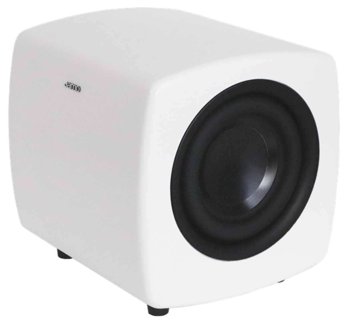 Jamo Cube Compact Powered Subwoofer, white angled image