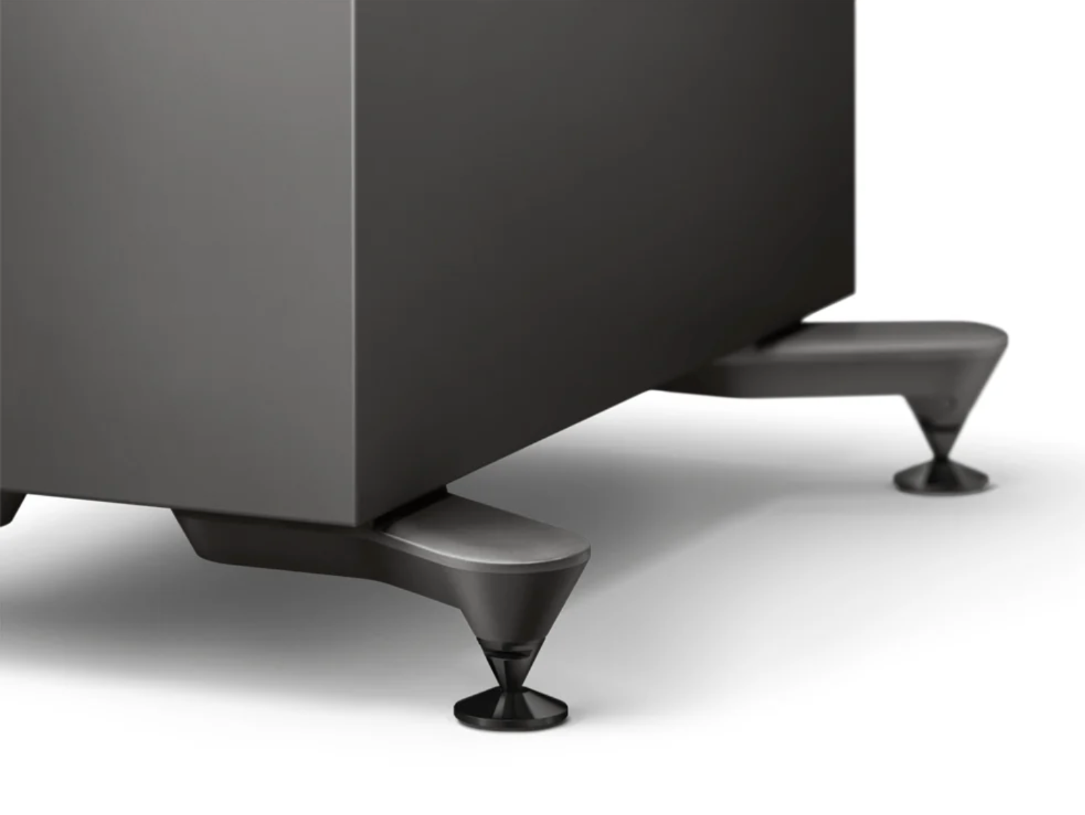 KEF R7 Meta Floorstanding Speakers in Titanium Gloss, special edition, on plinth.