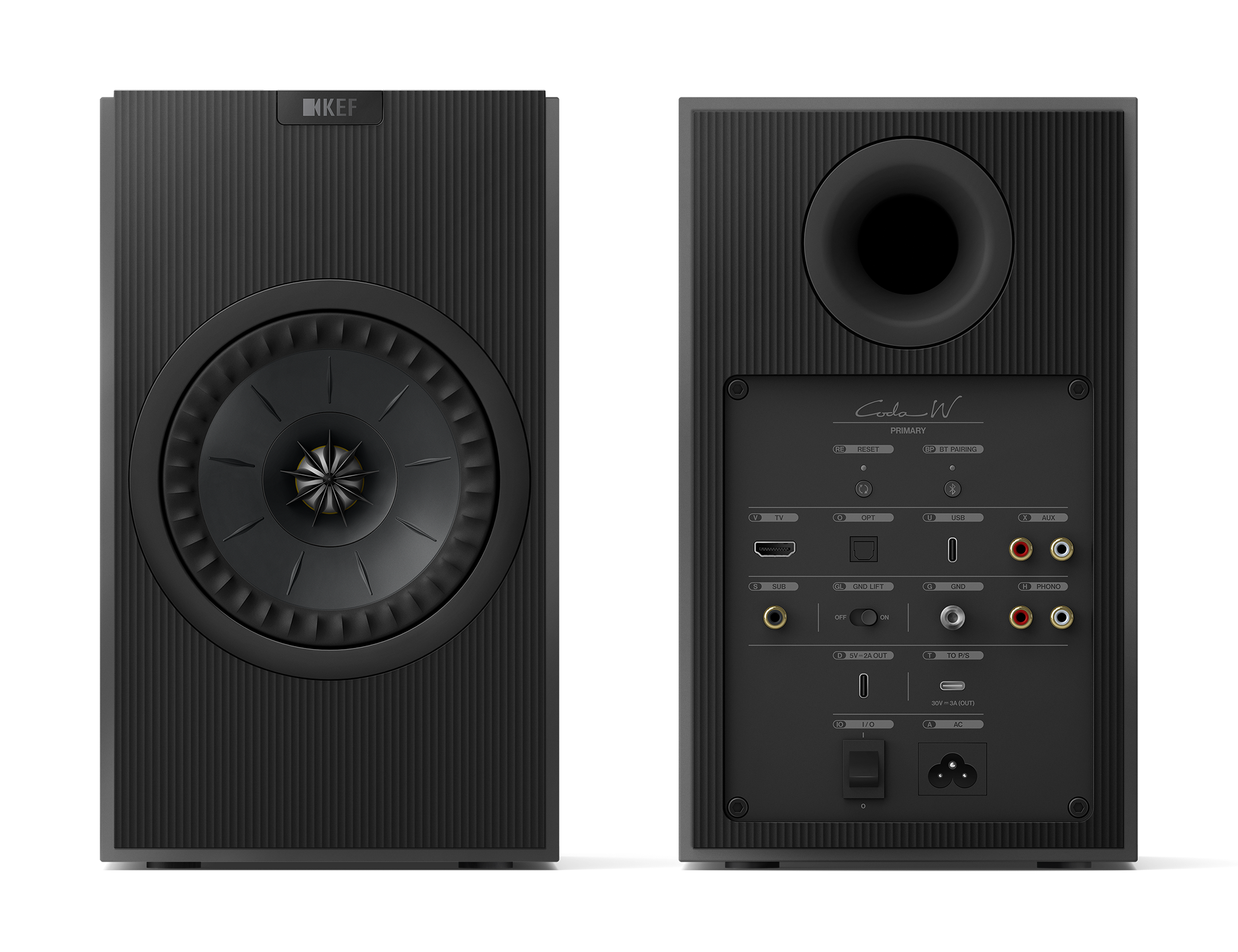 KEF Coda W Active Speakers in Dark Titanium, front and back