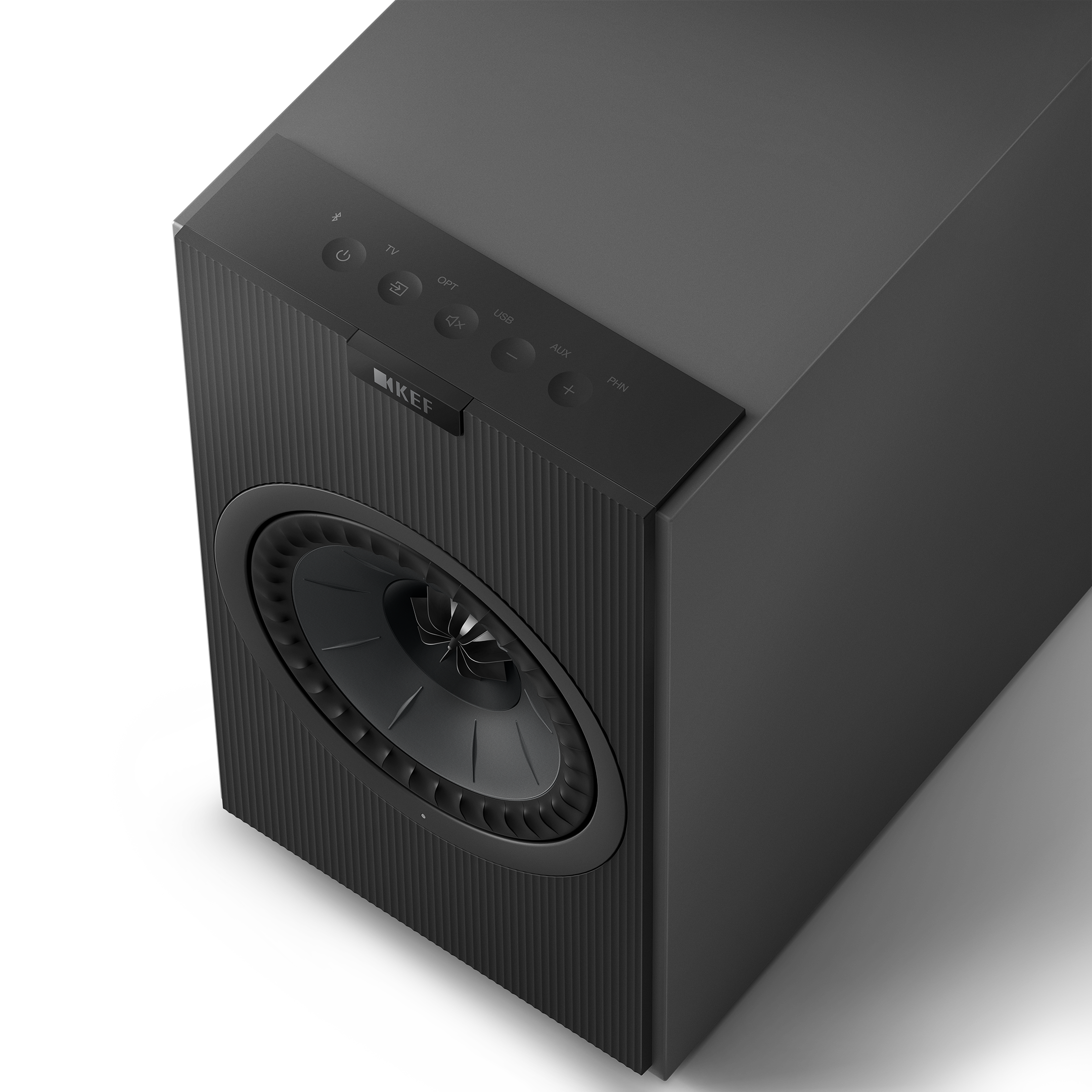 KEF Coda W Active Speakers in Dark Titanium, top with controls shown