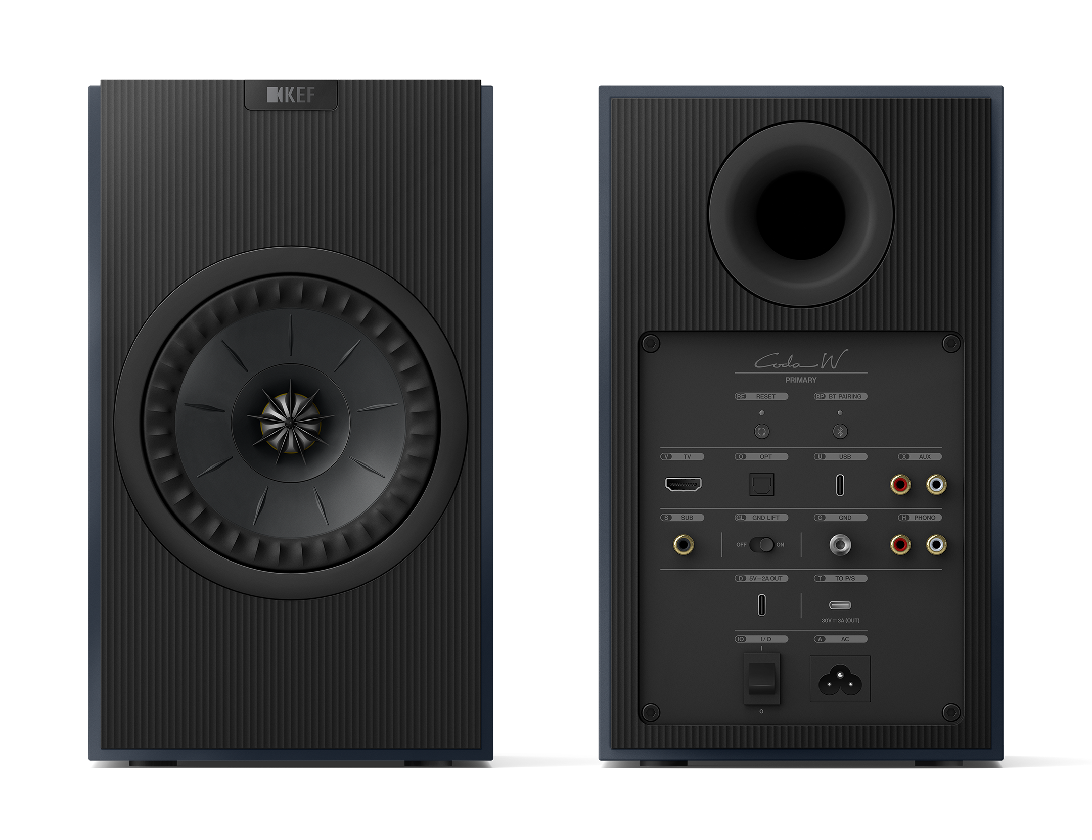 KEF Coda W Active Speakers in Midnight Blue, front and back