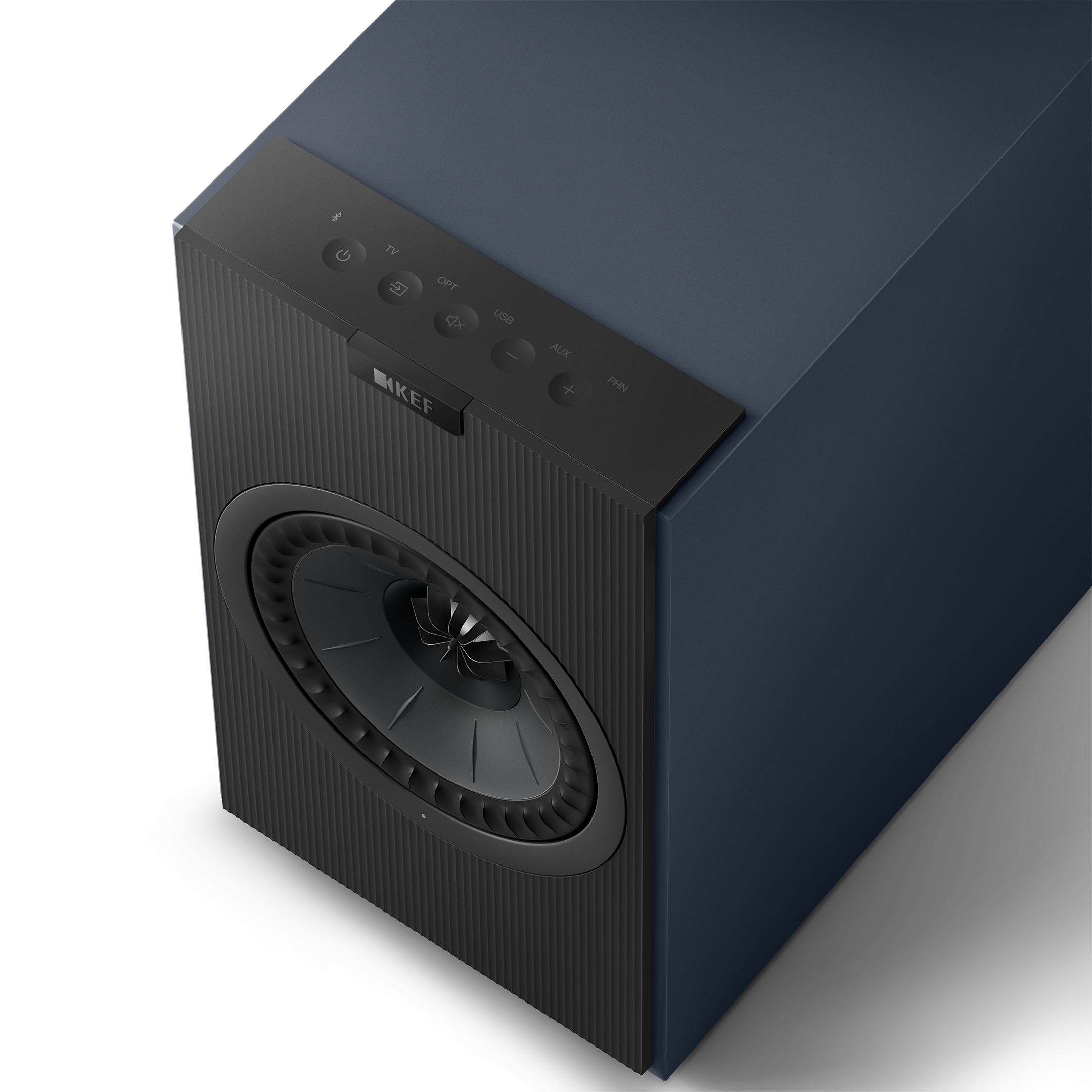 KEF Coda W Active Speakers in Midnight Blue, top and controls shown
