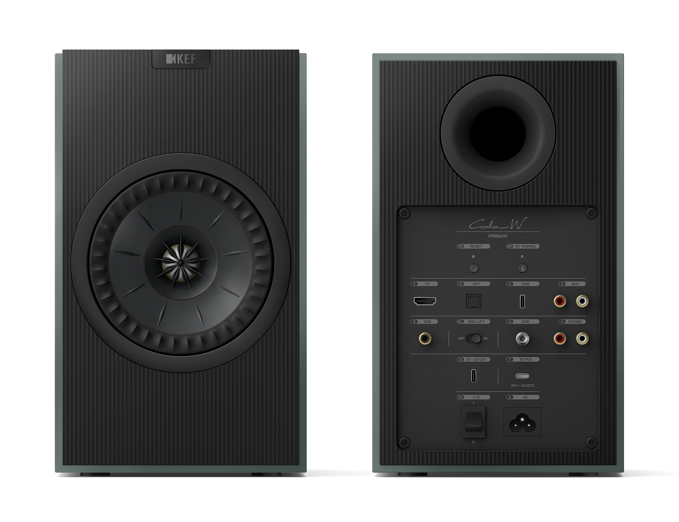 KEF Coda W Active Speakers in Moss Green, front and back of speakers