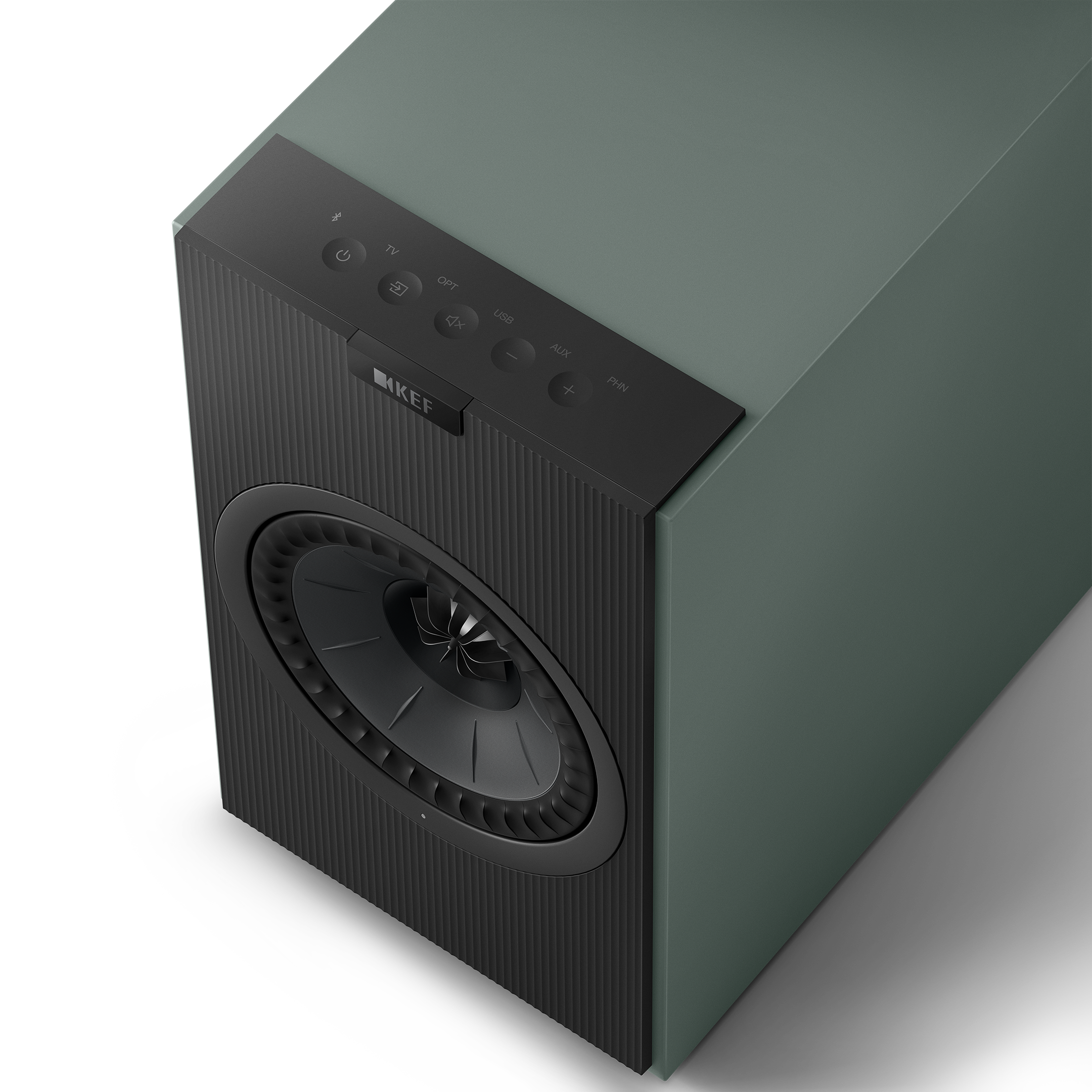 KEF Coda W Active Speakers in Moss Green. Top of speaker showing Controls