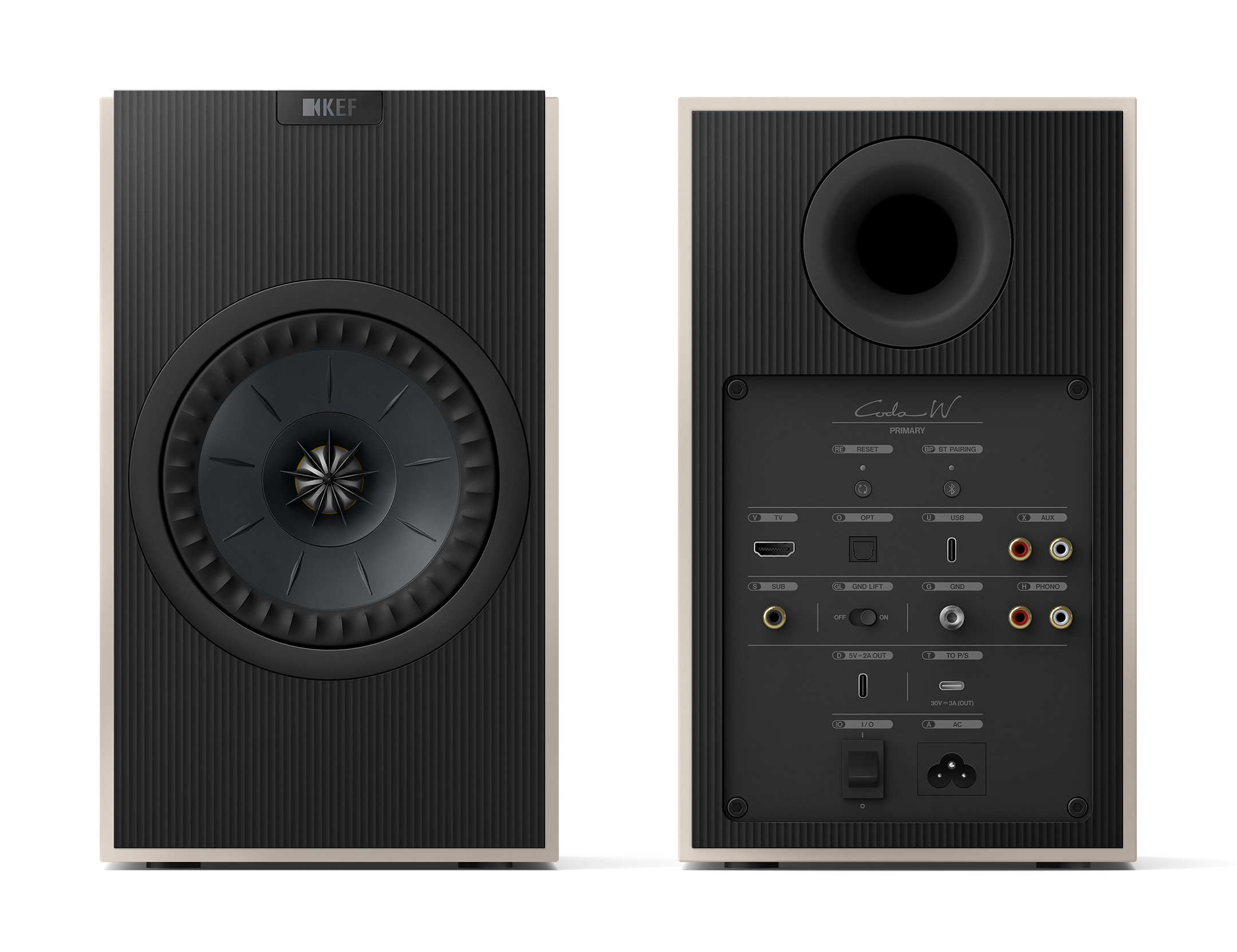 KEF Coda W Active Speakers in Nickel Grey, front and back