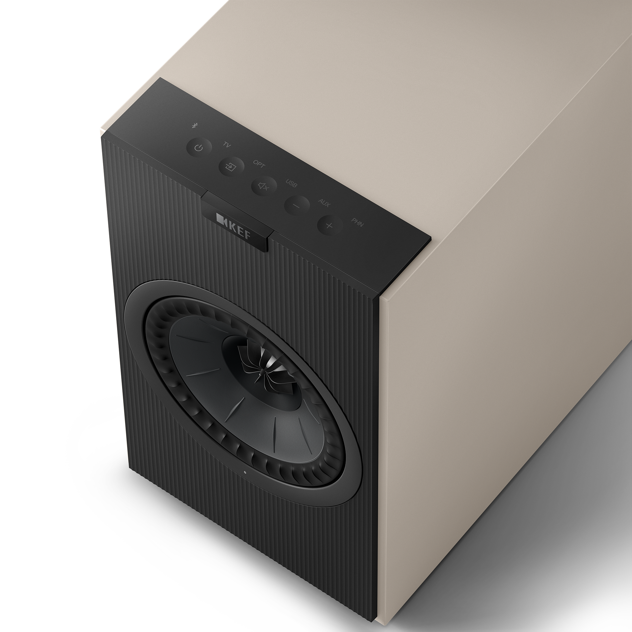 KEF Coda W Active Speakers in Nickel Grey. Top of speaker with controls shown