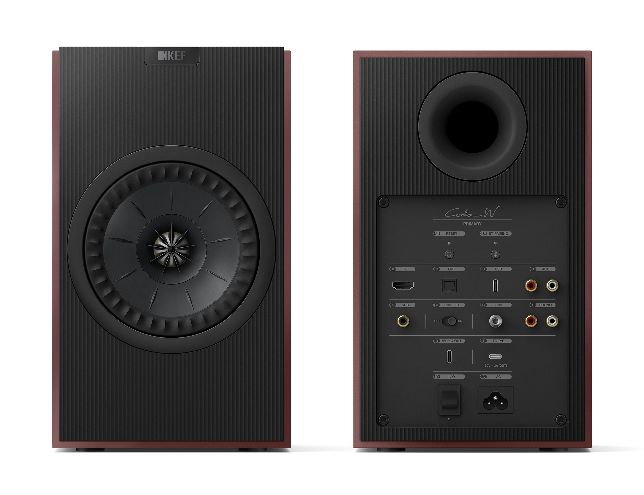 KEF Coda W Active Speakers in Vintage Burgundy. Front and back of speakers