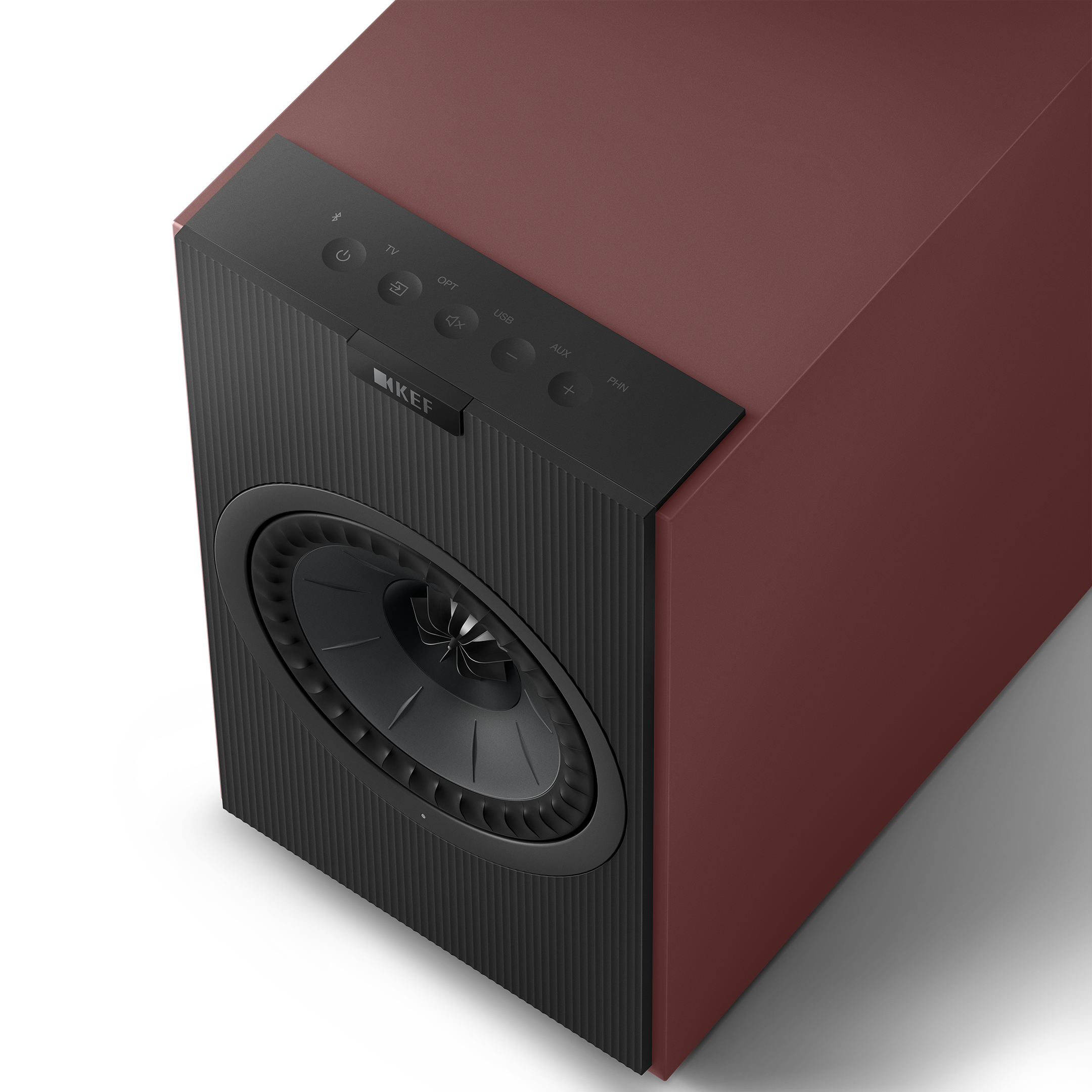 KEF Coda W Active Speakers in Vintage Burgundy, top of speaker with controls shown