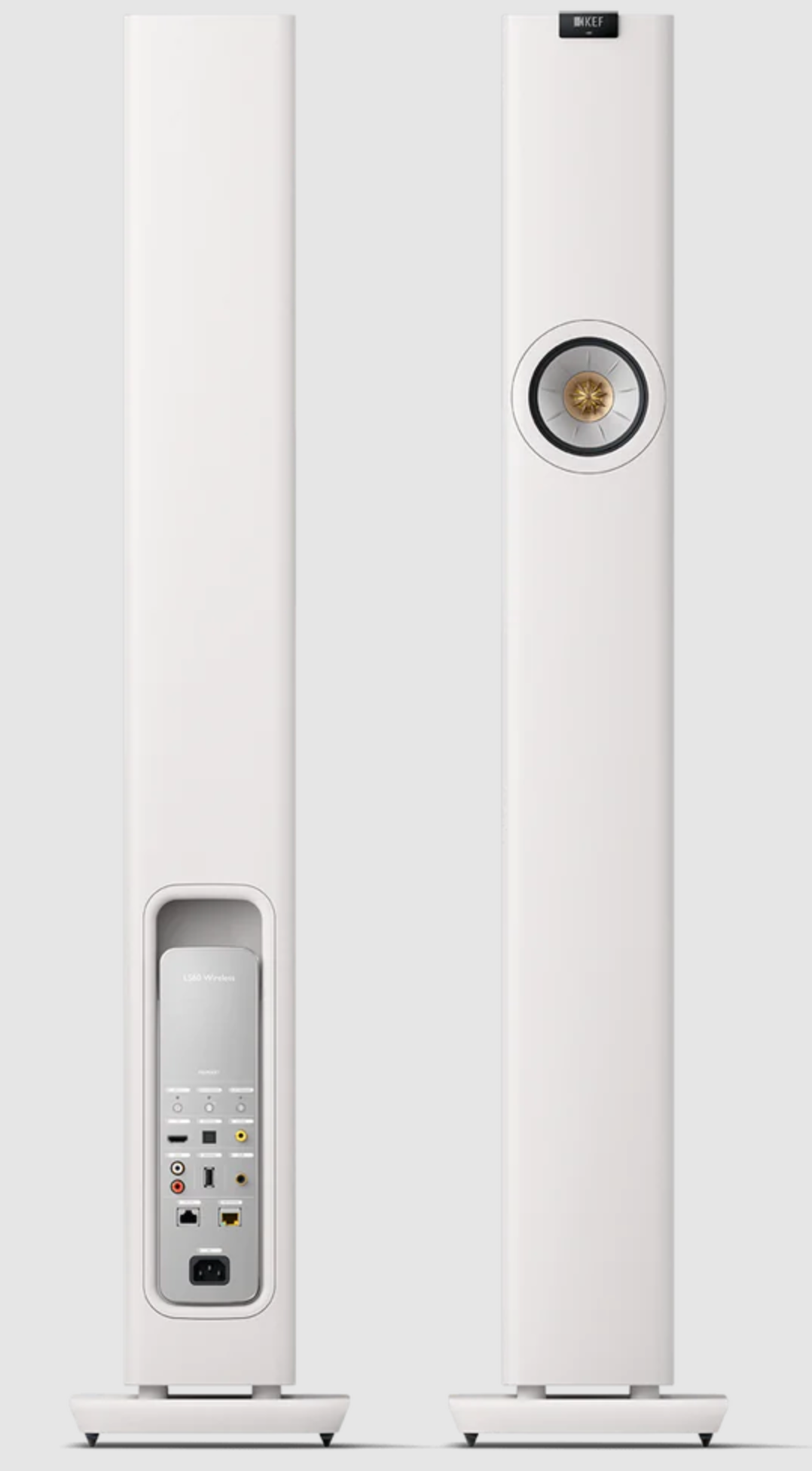 KEF LS60 Wireless Floorstanding Speakers Speakers in Mineral White. Front and back