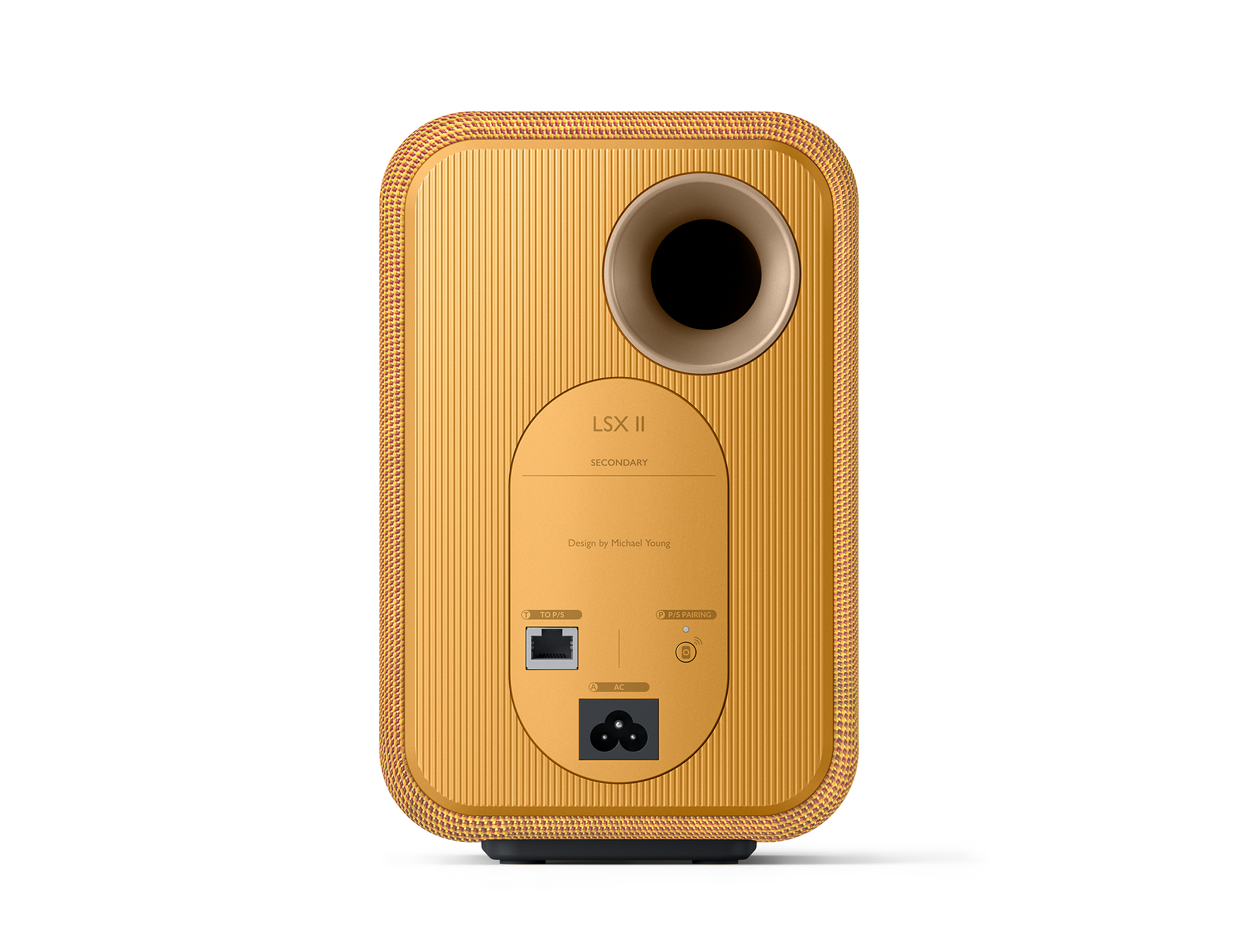 KEF LSX II Wireless Powered Bookshelf Speakers in Amber Haze. Back of individual speaker