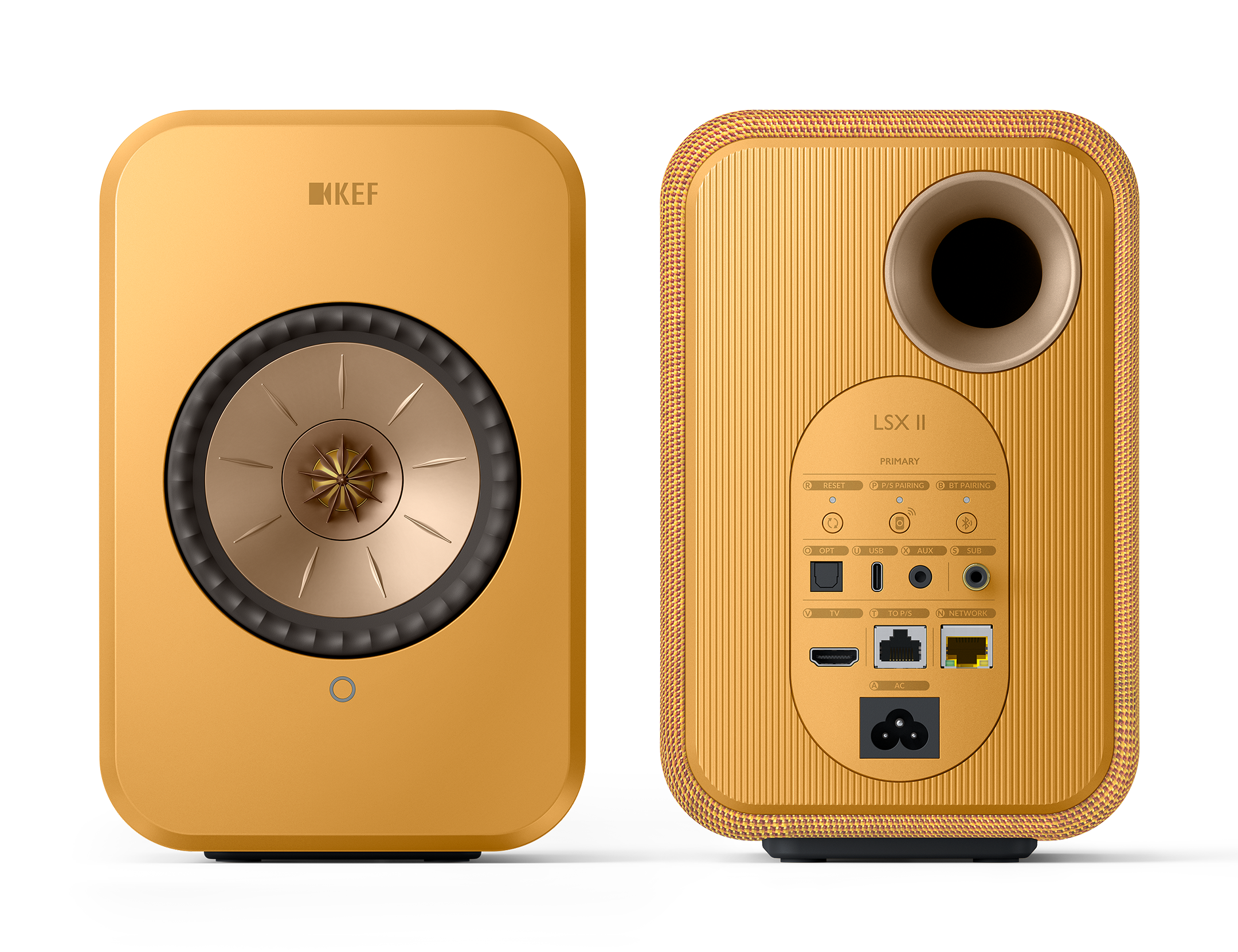 KEF LSX II Wireless Powered Bookshelf Speakers in Amber Haze. Front and back