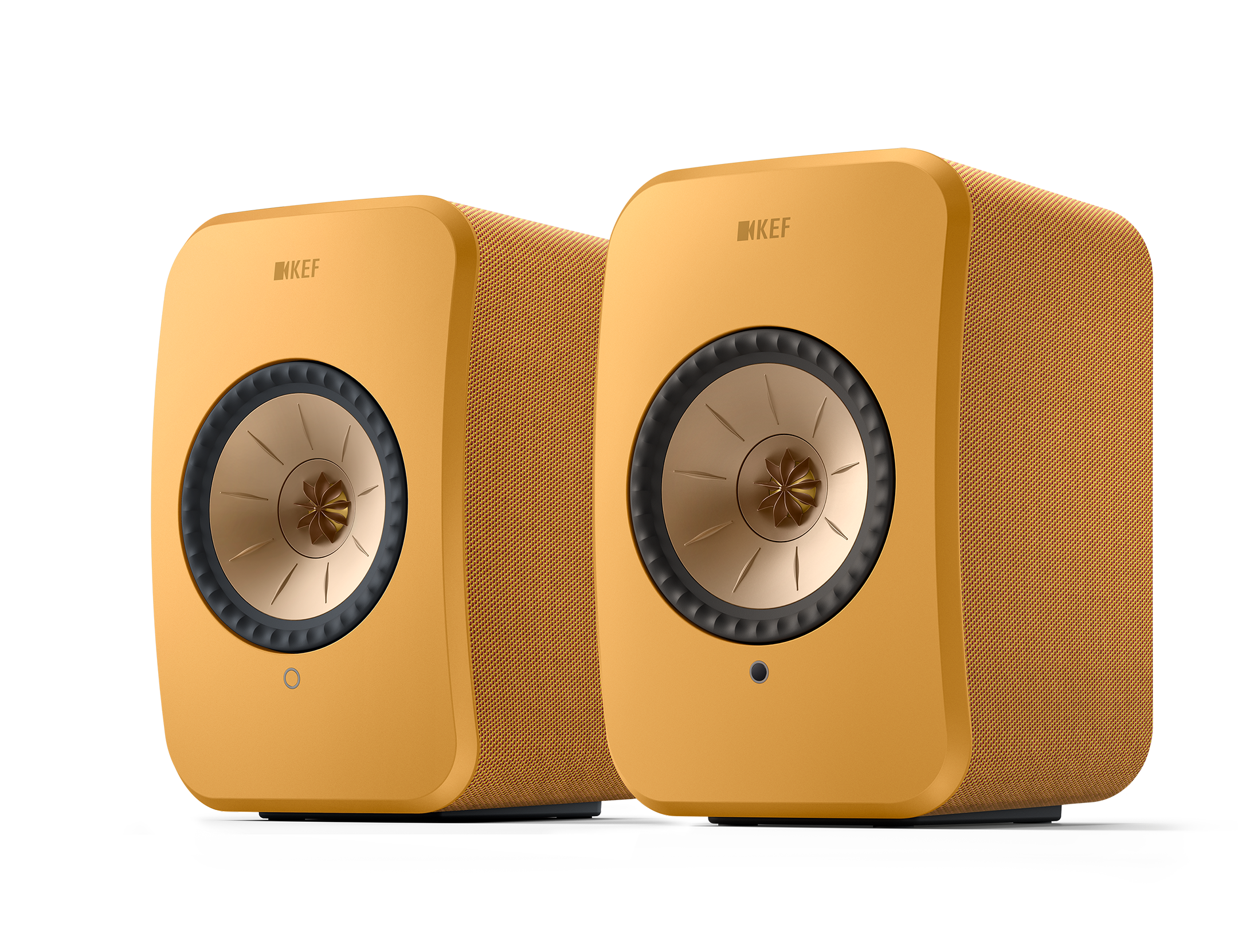KEF LSX II Wireless Powered Bookshelf Speakers in Amber Haze. Front, angled
