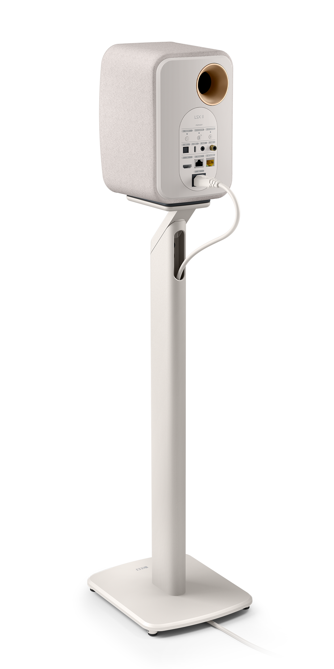 KEF LSX II Wireless Powered Bookshelf Speakers in Cotton White. on stand which is sold separately