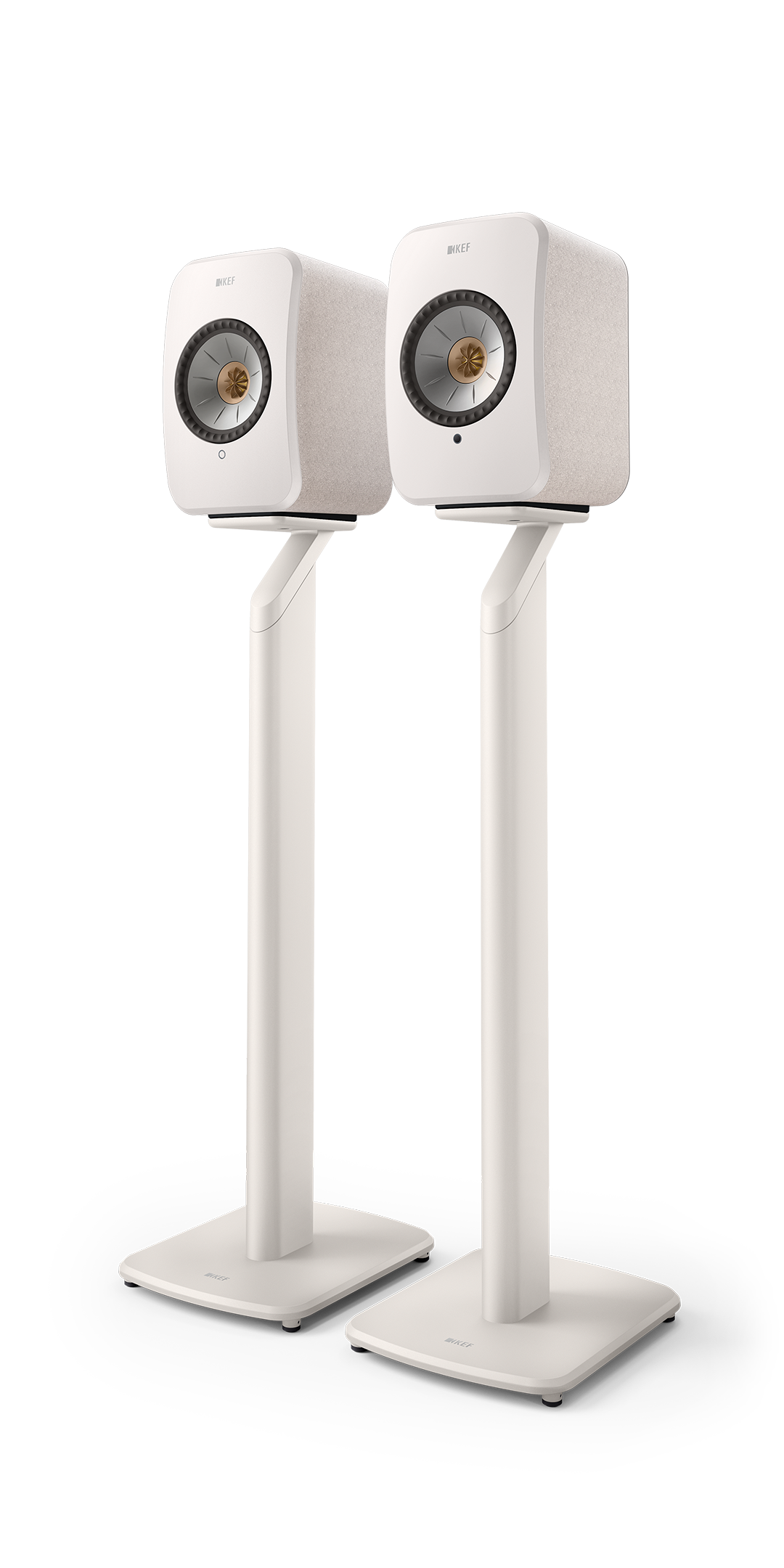 KEF LSX II Wireless Powered Bookshelf Speakers in Cotton White, on stands - sold separately