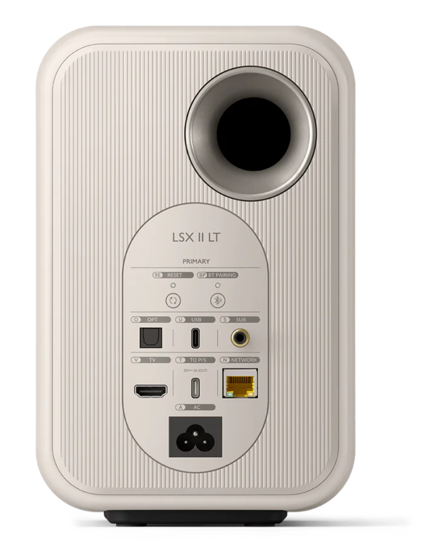 KEF LSX II LT Wireless Bookshelf Speakers in Stone White. Back without cover